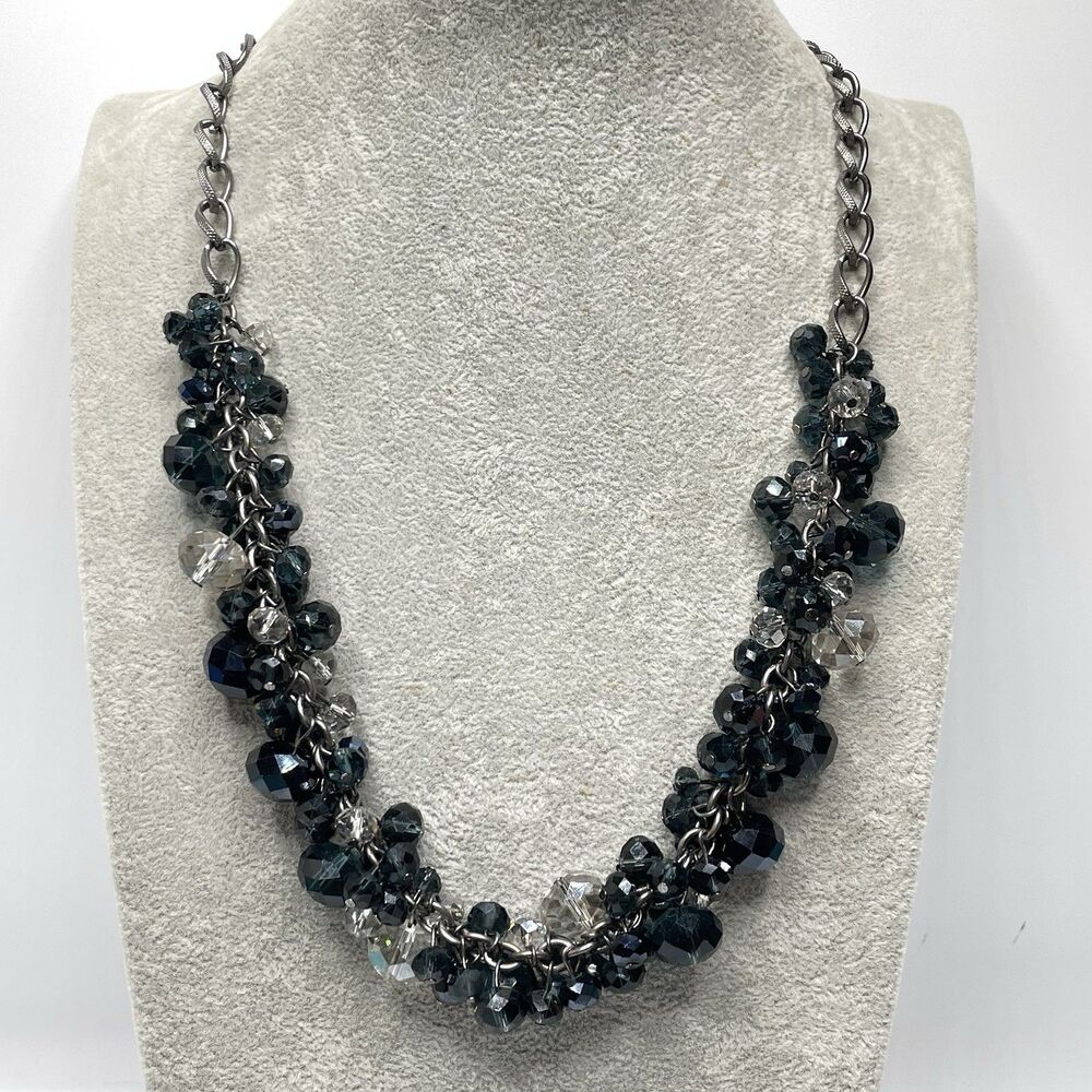 Aldo Gunmetal Dark Blue White Glass Cha Cha Beaded Necklace Boho Fashion